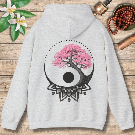 Cherry Blossom Mandala Hoodie – Yin Yang Balance & Renewal (Back Only)