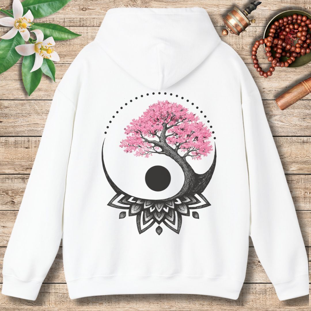 Cherry Blossom Mandala Hoodie – Yin Yang Balance & Renewal (Back Only)