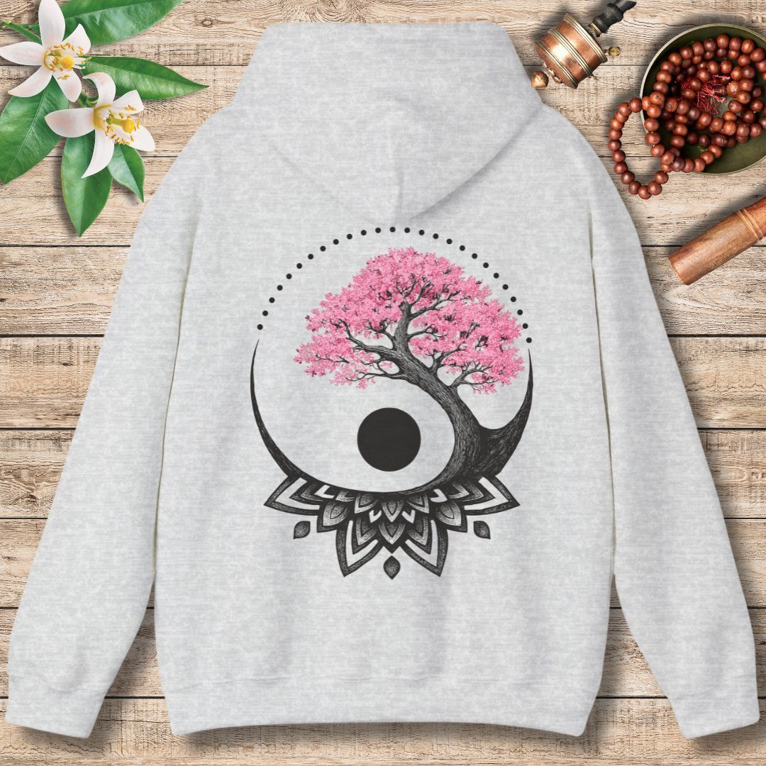 Cherry Blossom Mandala Hoodie – Yin Yang Balance & Renewal (Back Only)