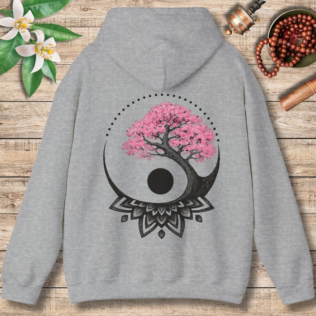 Cherry Blossom Mandala Hoodie – Yin Yang Balance & Renewal (Back Only)