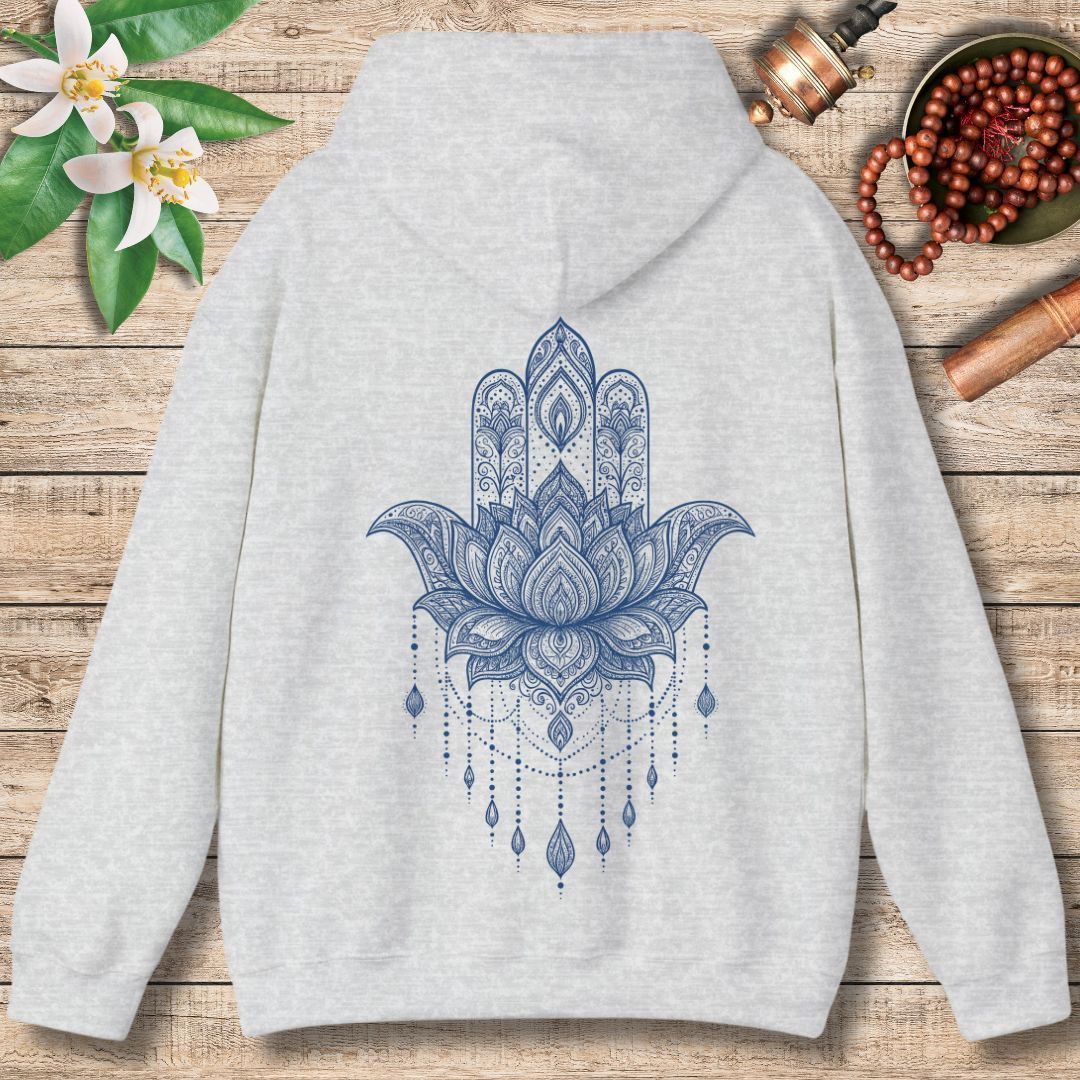 Lotus Hamsa Hoodie – Mandala Protection & Peace Design for Mindful Living (Back Only)