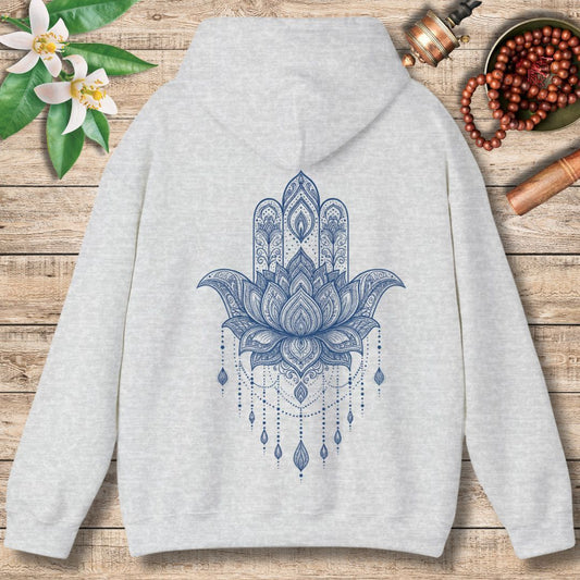 Lotus Hamsa Hoodie – Mandala Protection & Peace Design for Mindful Living (Back Only)