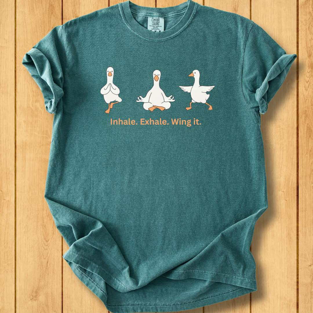 Inhale. Exhale. Wing It. Unisex Dyed T-Shirt